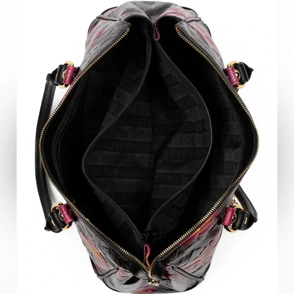 NWT-Marino Orlandi-Embossed Leather Satchel-Black-Tropical 🌺 Flowers-Italian 🇮🇹 - Picture 15 of 16